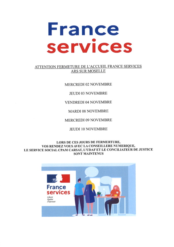 FRANCE SERVICES fermée les 02/03/04/08/09/10/18 novembre 2022