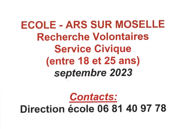 ECOLE ARS - recherche volontaires Service Civique (entre 18 et 25 ans) septembre 2023