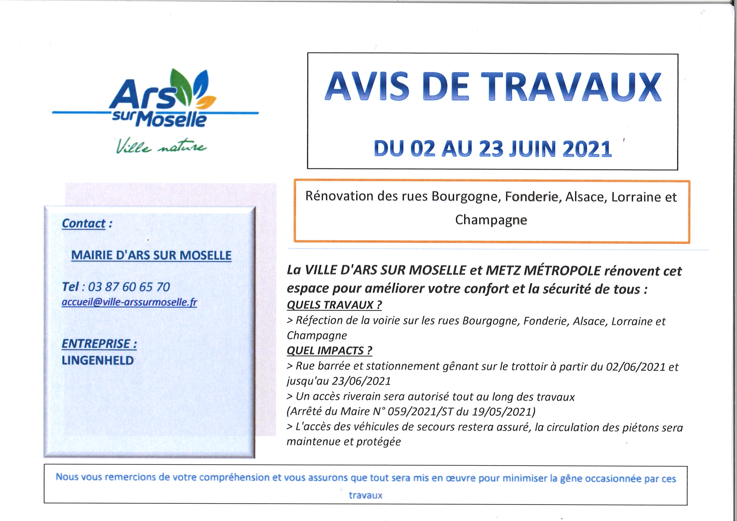 AVIS DE TRAVAUX rues Bourgogne, Fonderie, Alsace, Lorraine et Champagne du 2 au 23 juin 2021