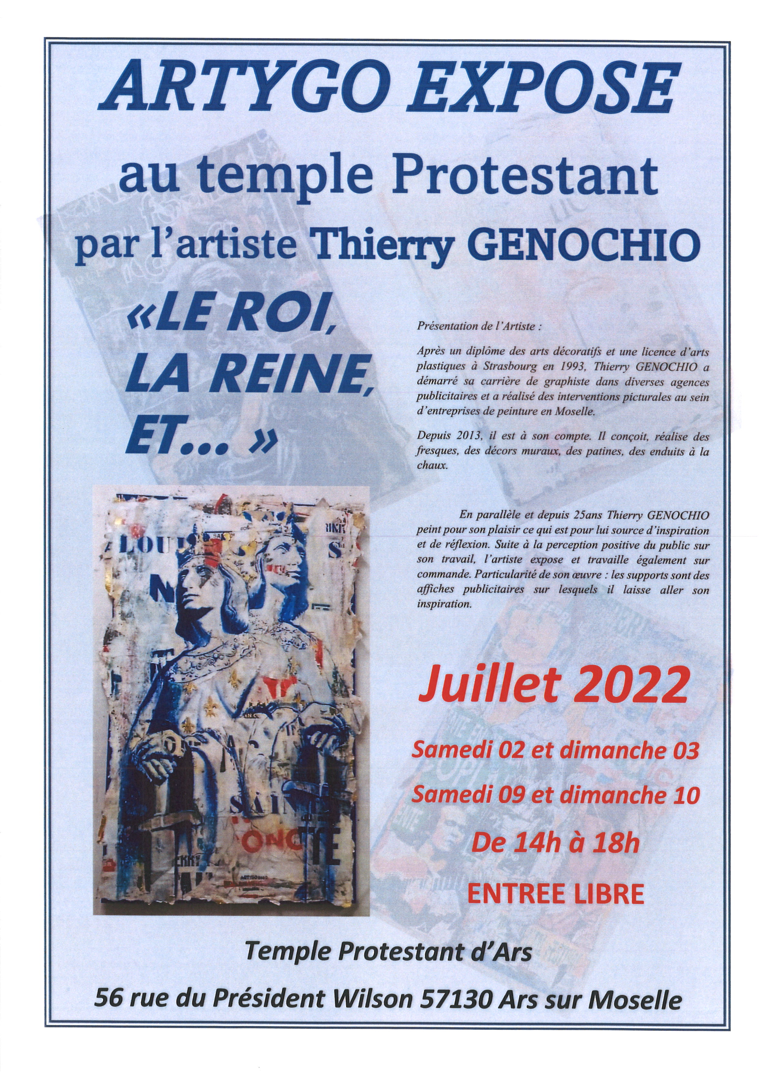 ARTYGO expose au temple protestant samedis 02 et 09 dimanche 03 et 10 juillet