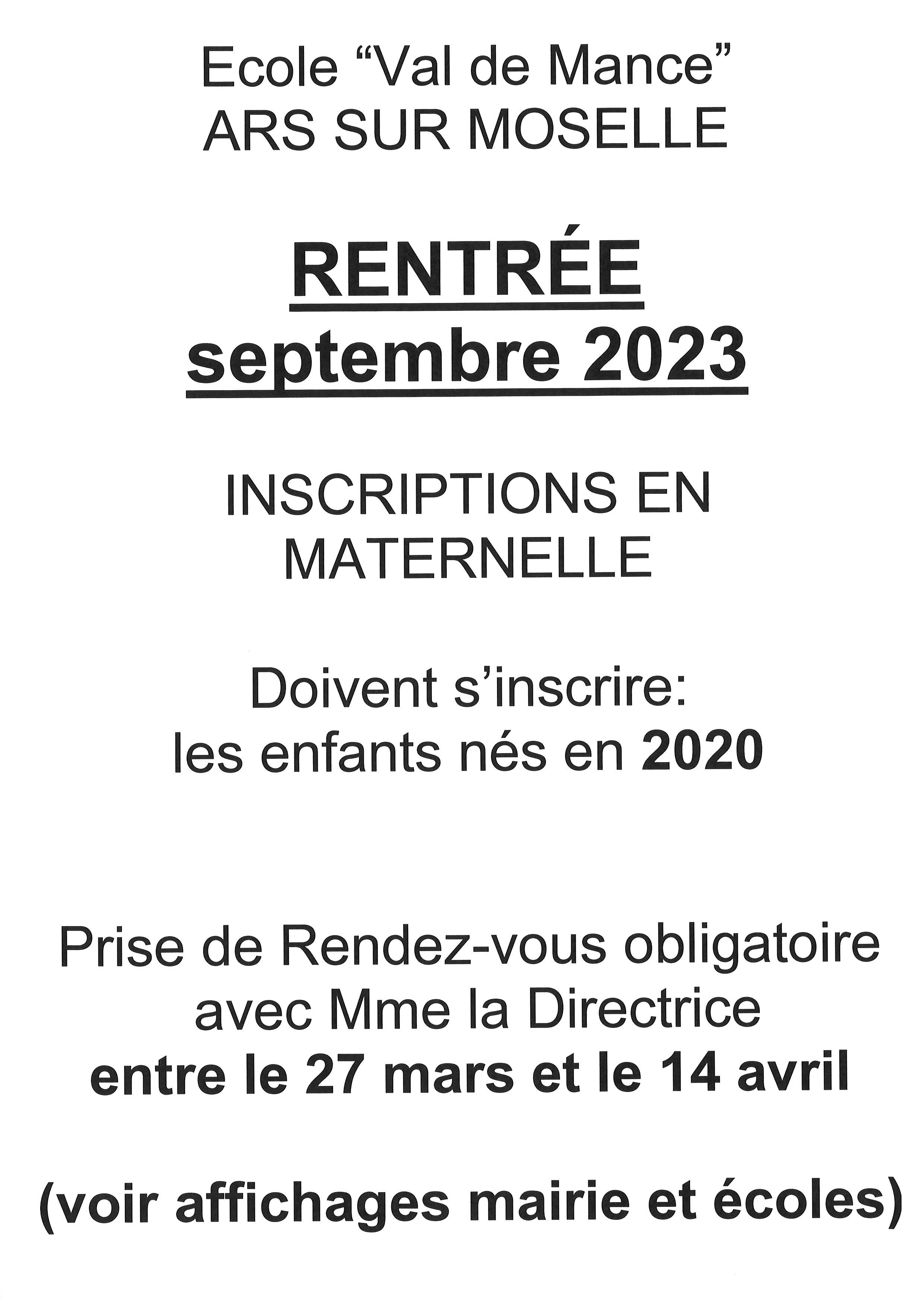 Inscriptions - RENTREE SCOLAIRE 2023 -